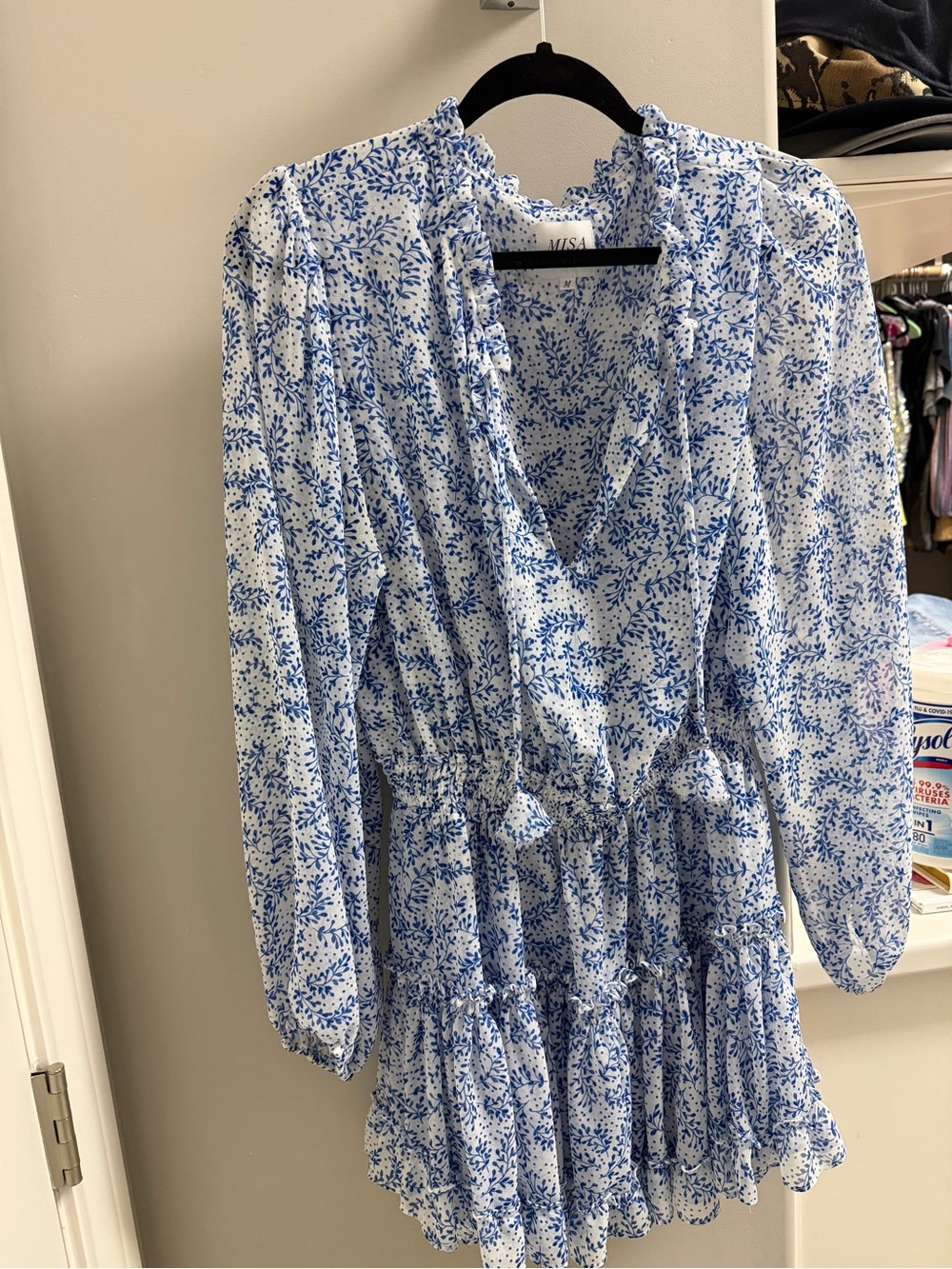 Misa Los Angeles White and Blue Floral Ruffle Tiered Long Sleeve Dress